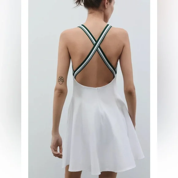 Zara White Mini Dress with Green-Striped Halter - Picture 7 of 10
